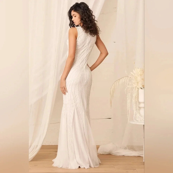Lulu's Make Them Marvel White Beaded Mermaid Maxi Dress Wedding Bride Party - Picture 5 of 12